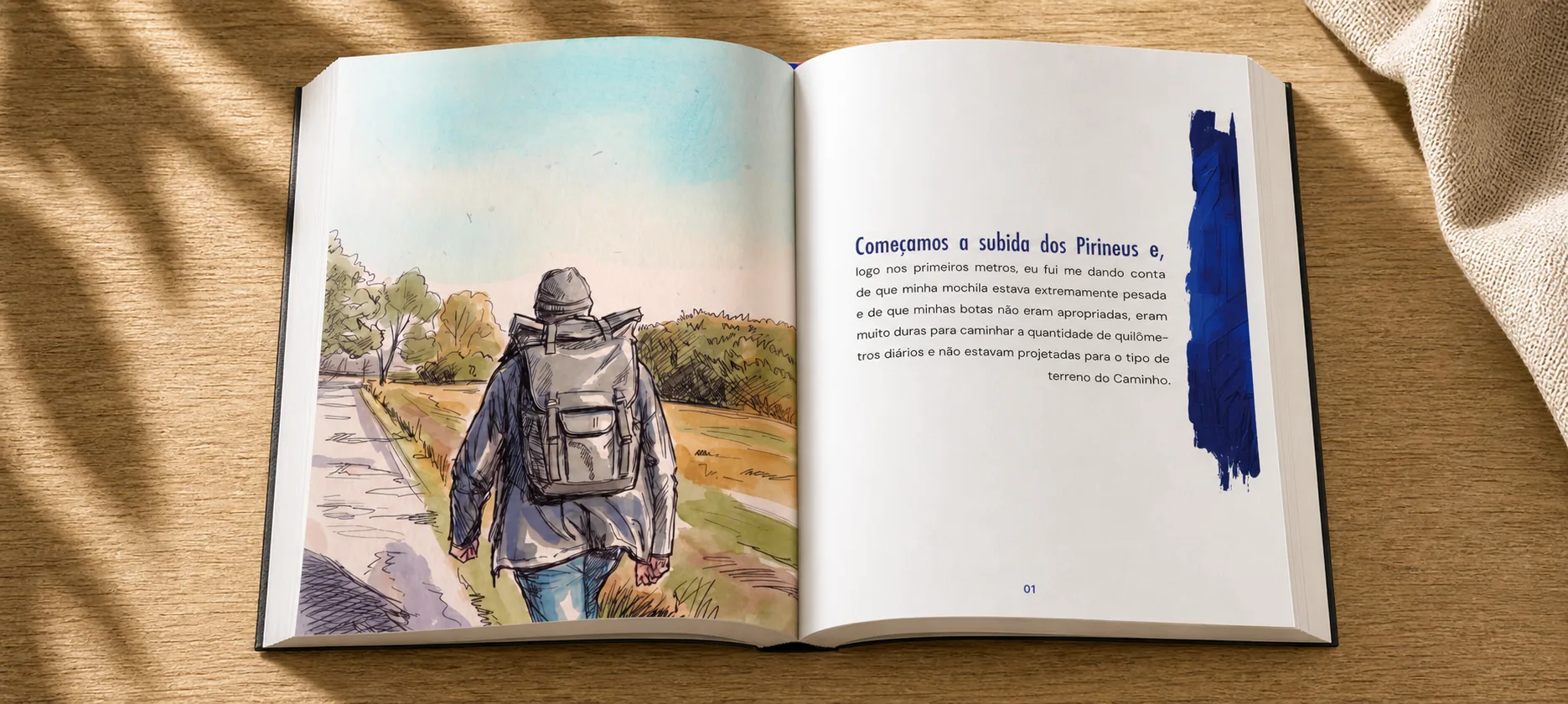 Livro Cristo, O Buen Camino! aberto em vista superior, com ilustração de um peregrino