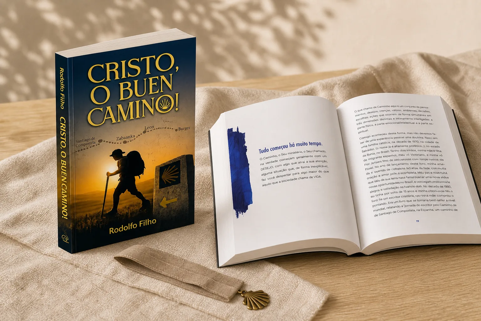 Composição editorial com o livro Cristo, O Buen Camino! fechado e aberto